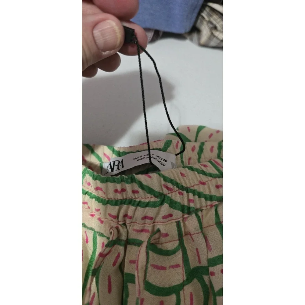 ZARA Graffiti Linen Blend Pants S Boho Festival Summer Flare Multicolor‎ NWOT
